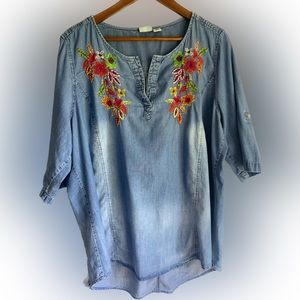 Westbound Light Blue Denim Tunic with Multicolor Floral Embroidery